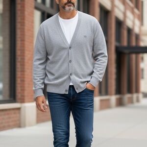 Vintage IZOD Gray Cardigan Sweater 90s Crest Varsity Grandpa Dad USA Mens XL